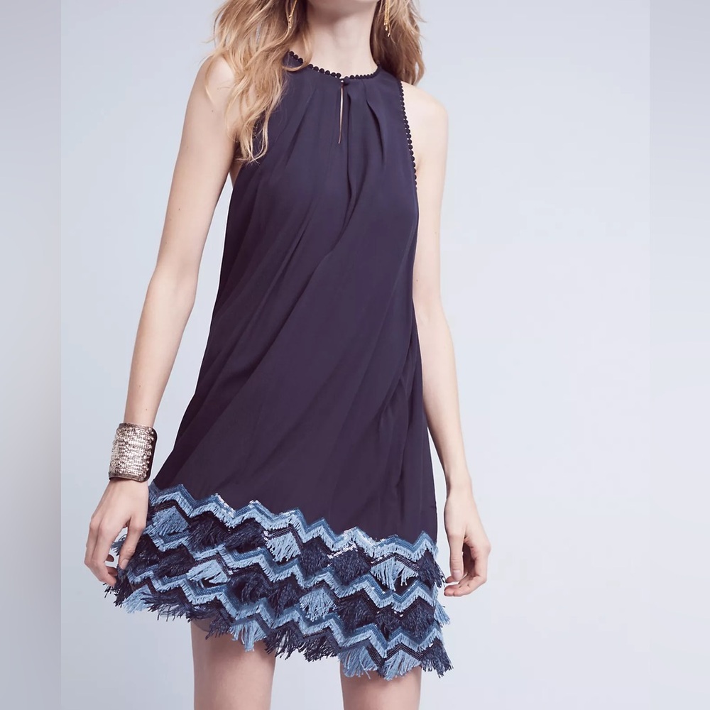 Maeve Anthropologie navy blue festivity swing dress fringe detail size 0